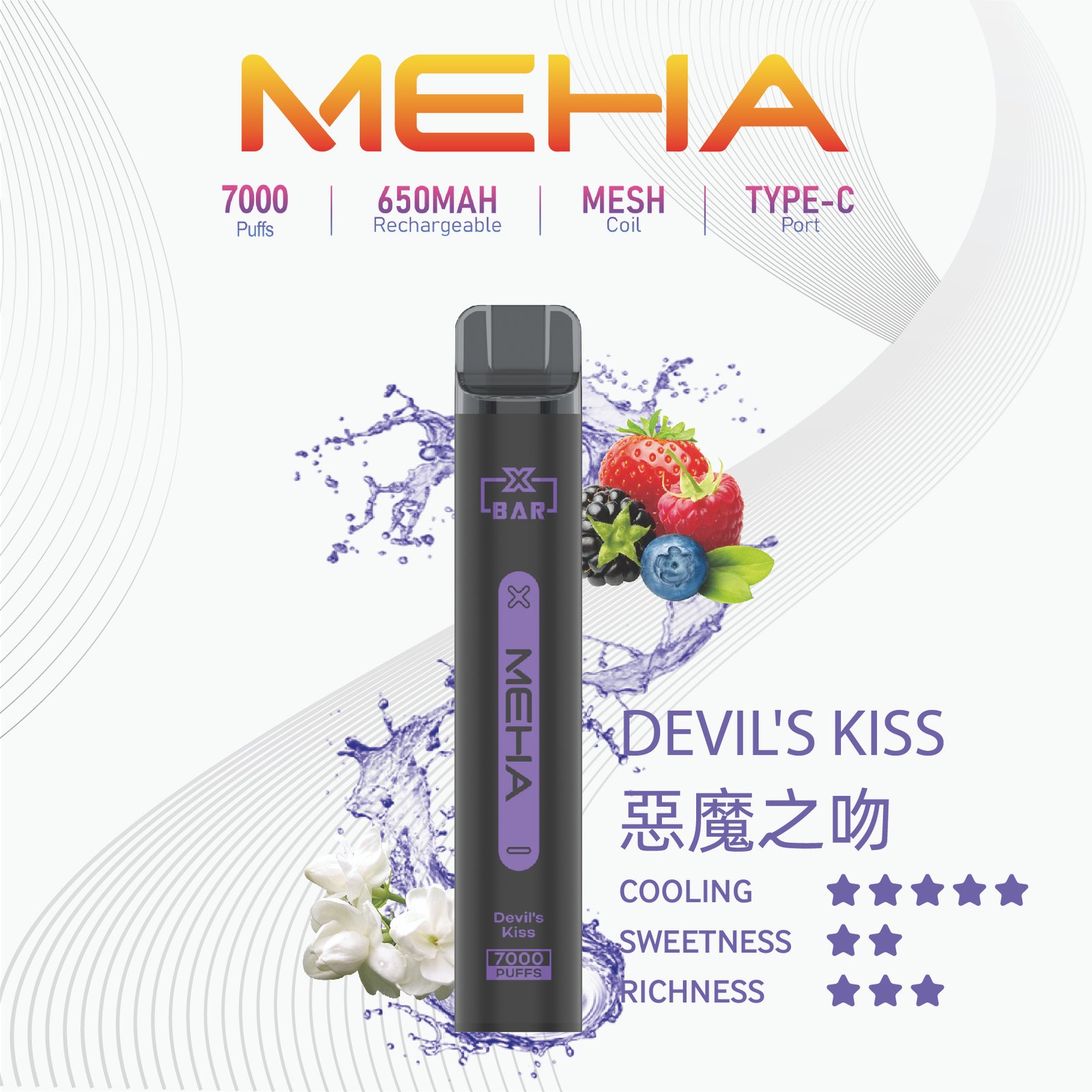MEHA X Bar 魅嗨小黑條拋棄式電子煙 7000口 臺灣電子煙商店